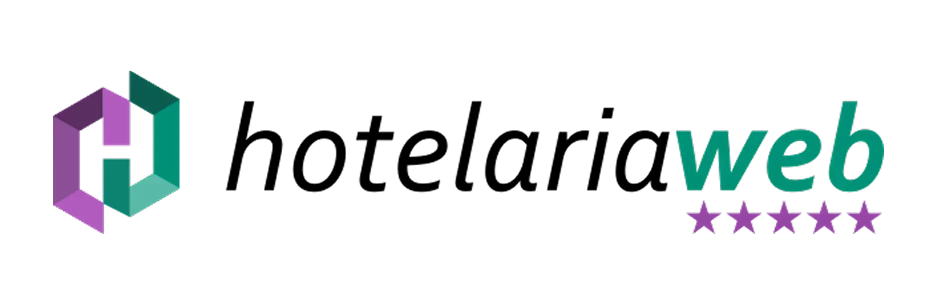 Logotipo da Hotelariaweb com ícone roxo e verde-azulado, texto preto e verde-azulado e estrelas roxas.