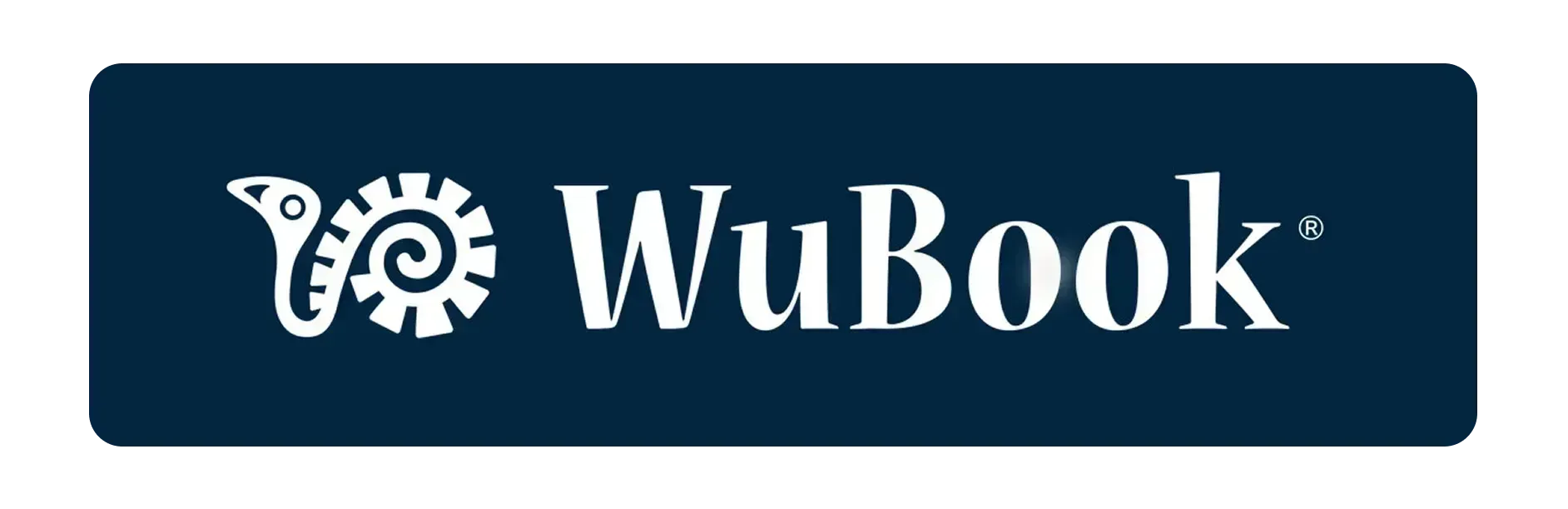 Logotipo e ícone do WuBook em branco sobre um banner retangular arredondado azul escuro.