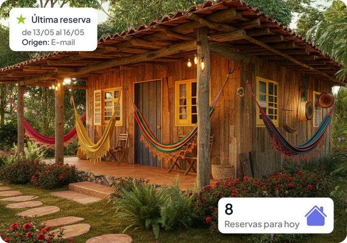 Cabaña rústica con coloridas hamacas en el porche, rodeada de exuberantes plantas de jardín.