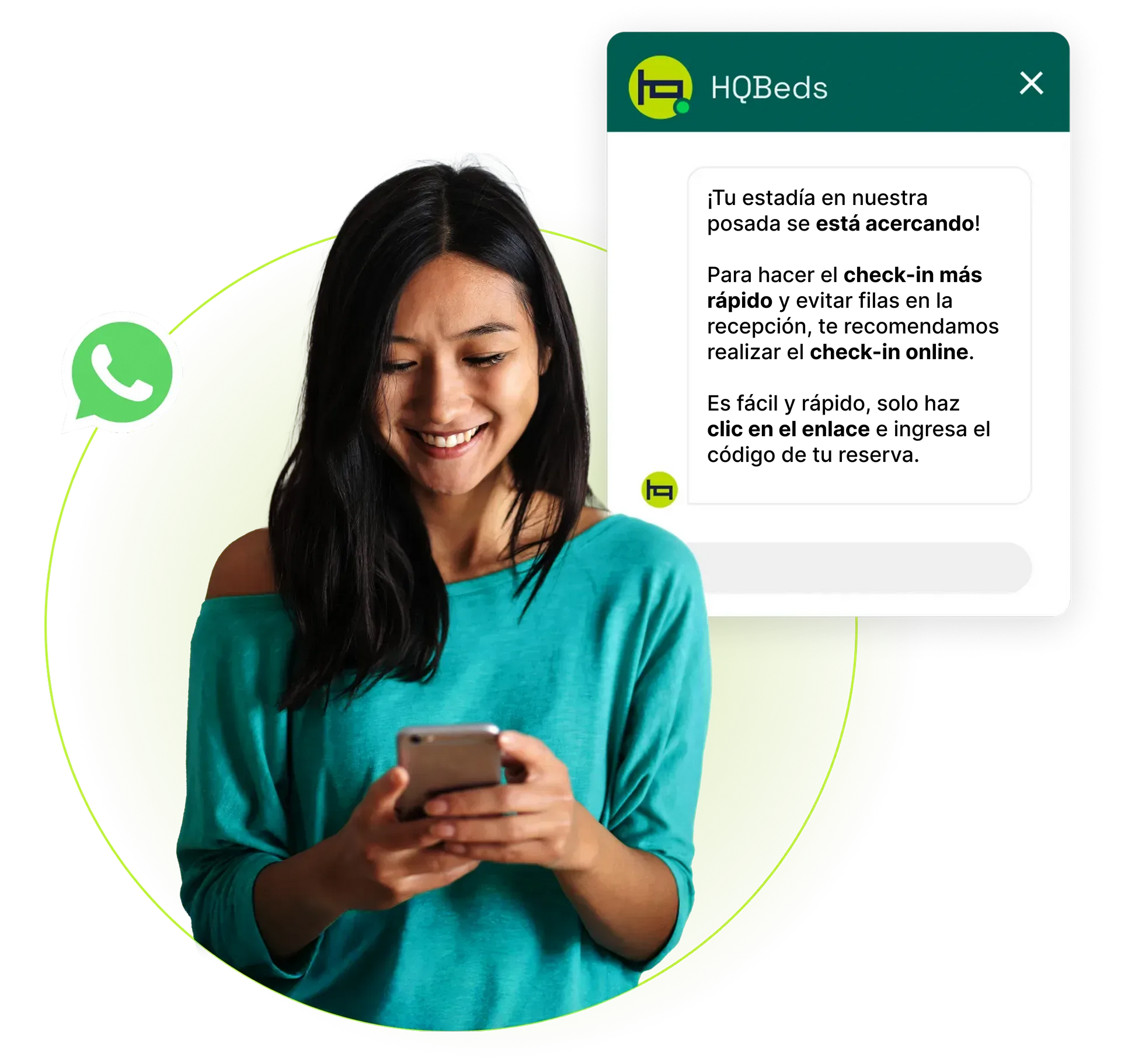 Mujer con una camisa color turquesa usando un teléfono junto a una burbuja de mensaje al estilo WhatsApp sobre un fondo blanco.