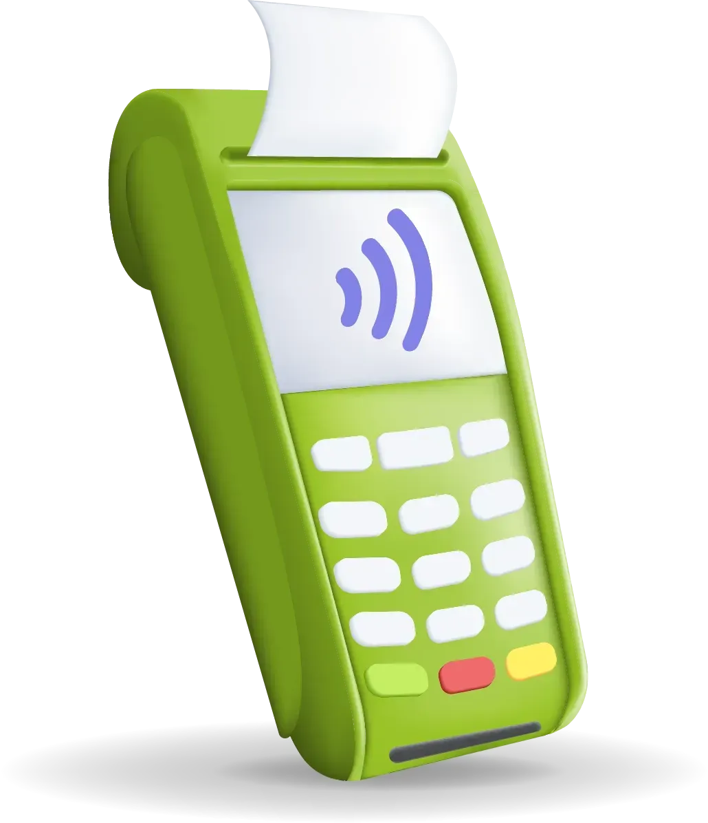 Terminal de pago con tarjeta verde, recibo en papel y símbolo de pago sin contacto.