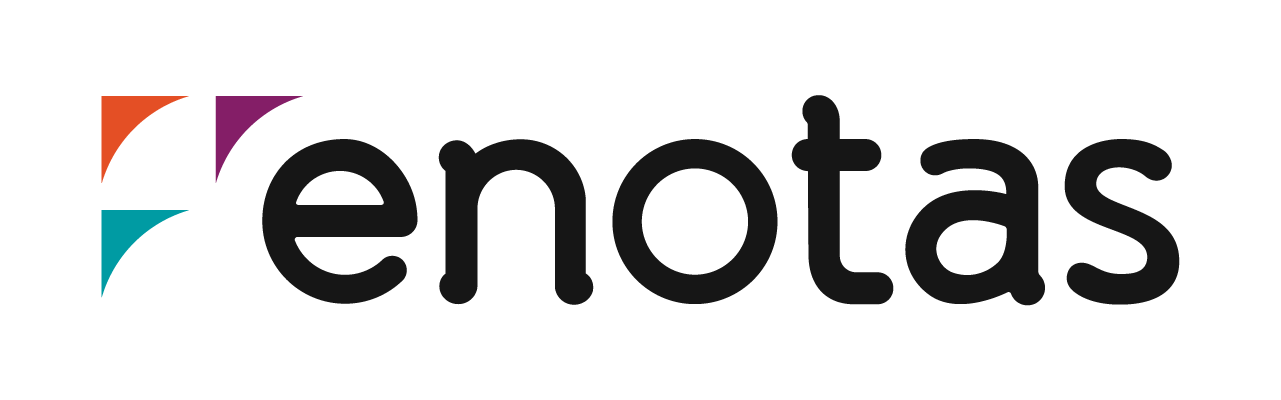 Logotipo de Enotas en texto negro en minúsculas con un icono geométrico rojo, amarillo y turquesa sobre un fondo blanco.