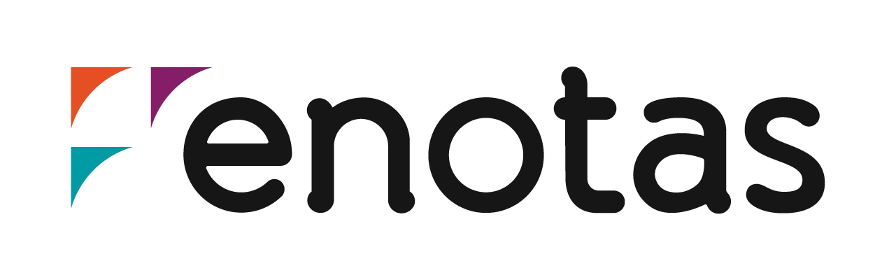 Logotipo da Enotas com um ícone geométrico multicolorido e marca denominativa em letras minúsculas pretas.
