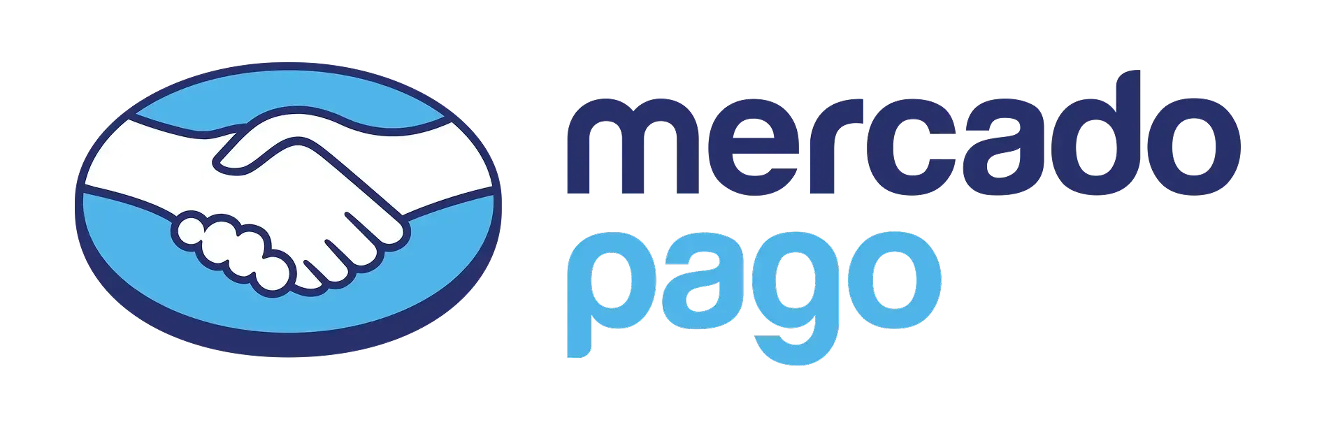 Logotipo do Mercado Pago com ícone de aperto de mãos azul e texto azul-acinzentado sobre fundo branco.