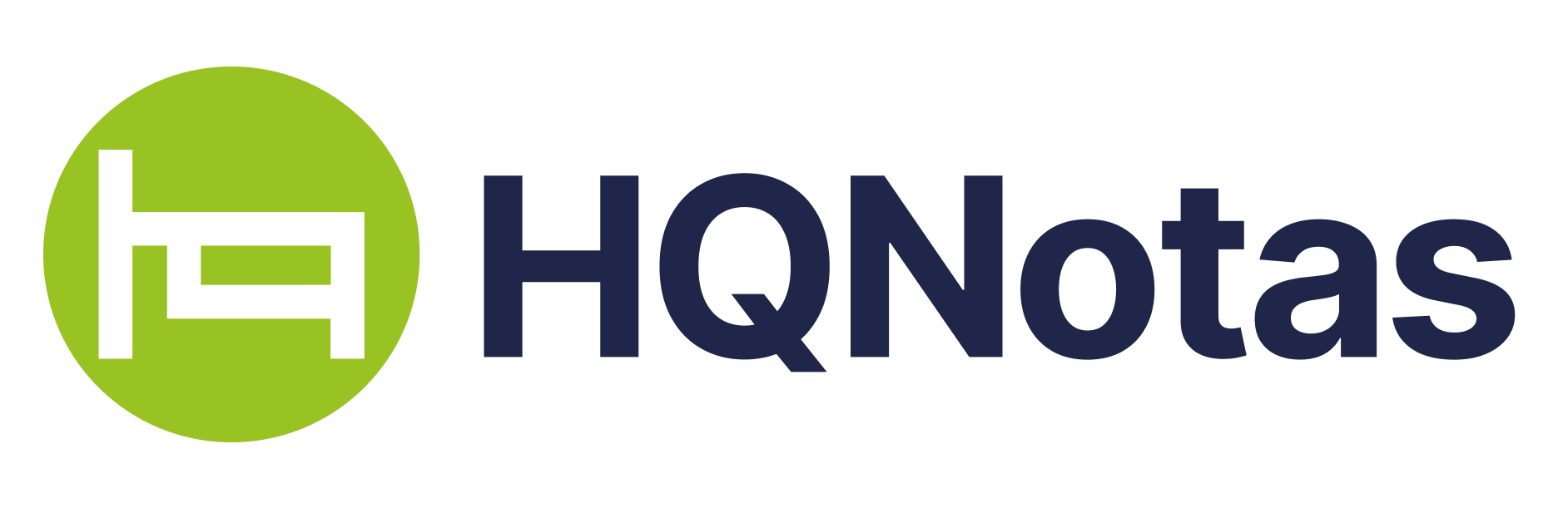 Logotipo de HQNotas con un icono circular verde y texto azul oscuro sobre un fondo blanco.