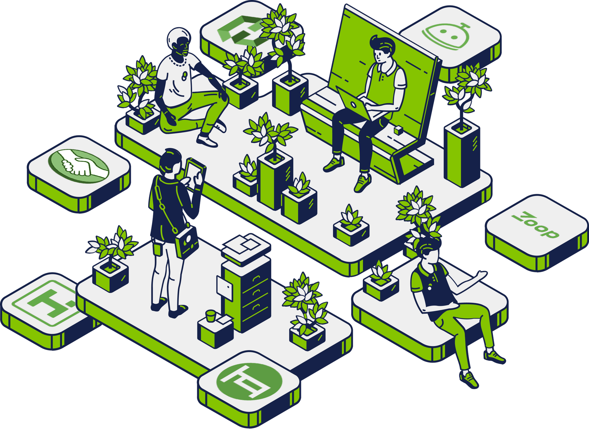 Personas socializando en un parque isométrico verde y blanco con bancos, plantas y asientos modernos.
