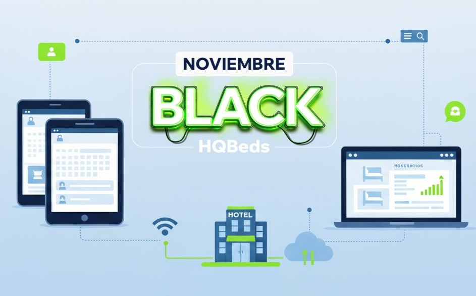Banner promocional de Black HGBdes en noviembre, con dispositivos y edificios conectados en fondo azul claro
