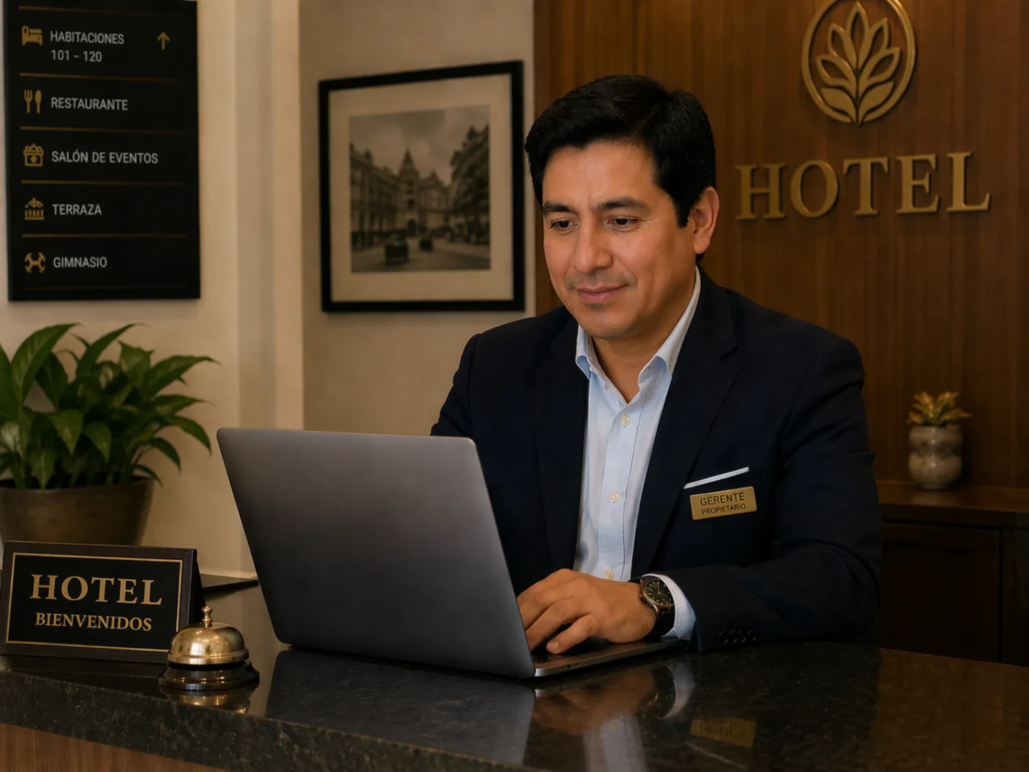 Recepcionista de hotel sentada en un escritorio usando una computadora portátil, con el letrero y la decoración del hotel de fondo.