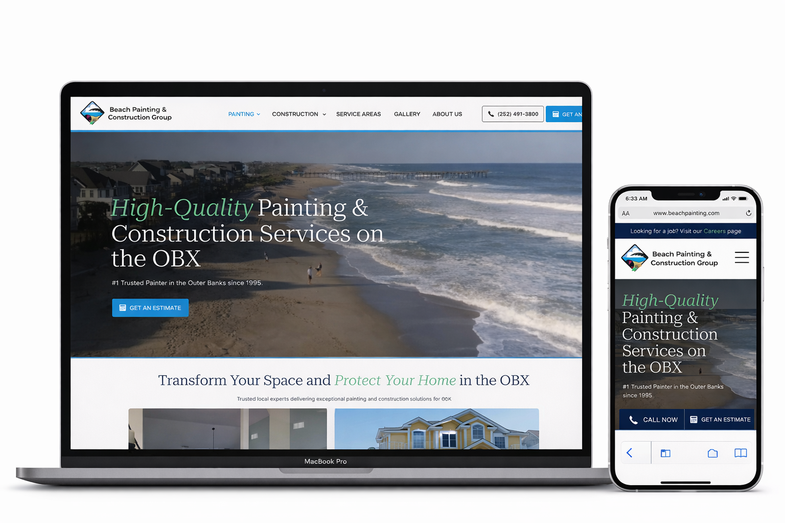 Laptop and smartphone showing a cable and construction services website