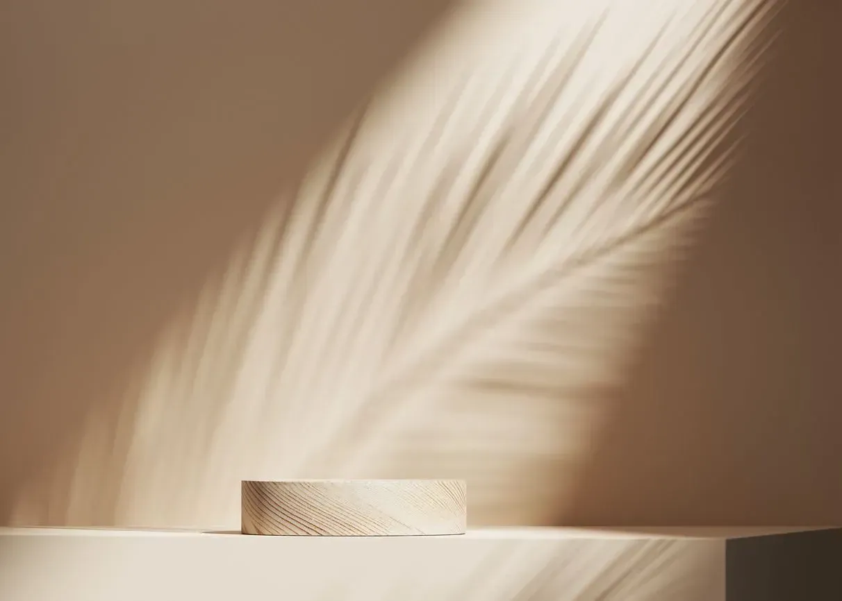 Minimal beige room with a soft palm-leaf shadow cast on the wall and a small textured block on a ledge.