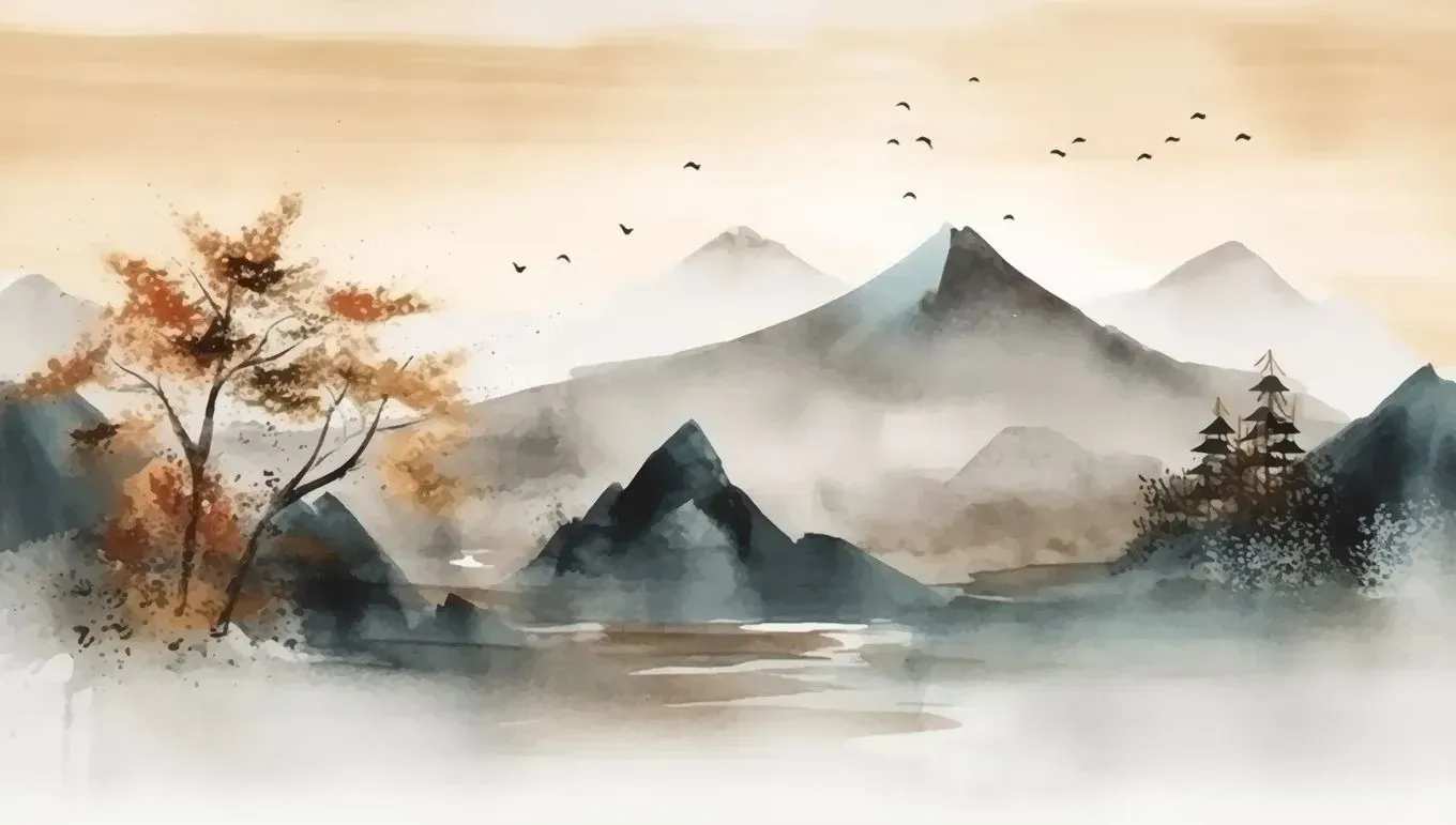 Misty mountains and autumn trees reflected in a calm lake with birds overhead