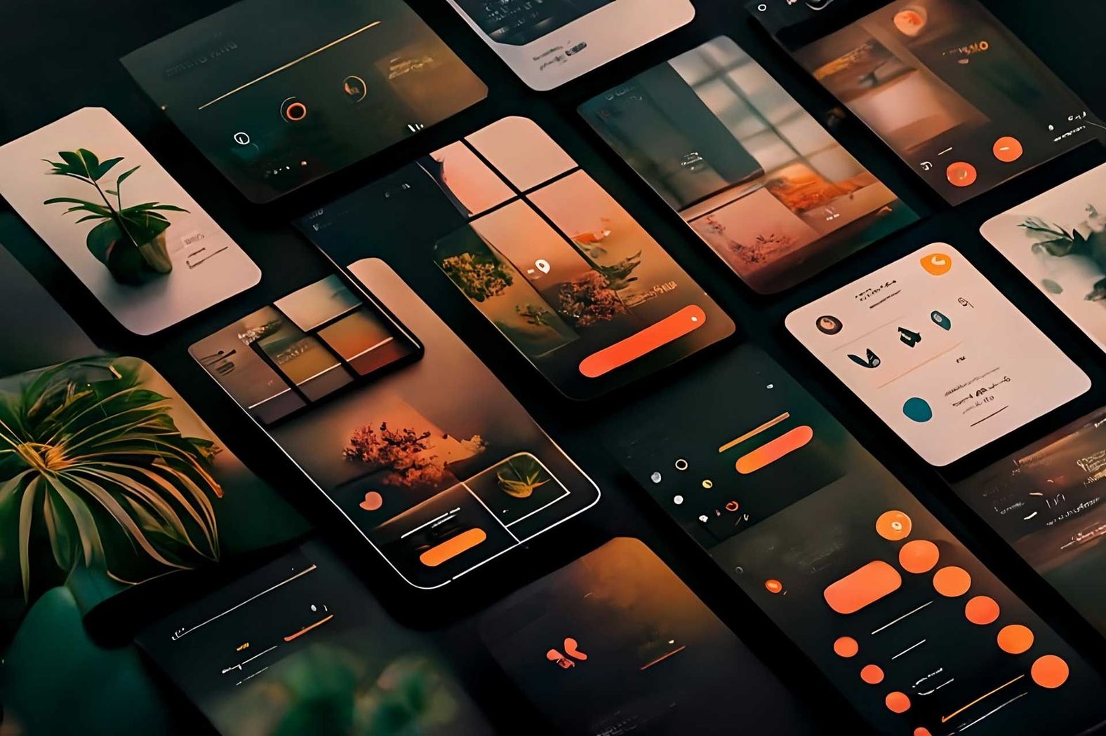 Arrangement of mobile phone screens showcasing various app interfaces with orange accents and dark backgrounds.