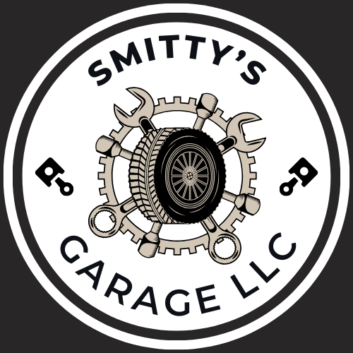 SMITTY’S GARAGE LLC logo with a gear and wrench emblem in black, white, and tan