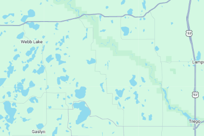 A map section shows Webb Lake, Gaslyn, and Trego in a light green area with a highway 53 marker and various small lakes. A map section shows Webb Lake, Gaslyn, and Trego in a light green area with a highway 53 marker and various small lakes.