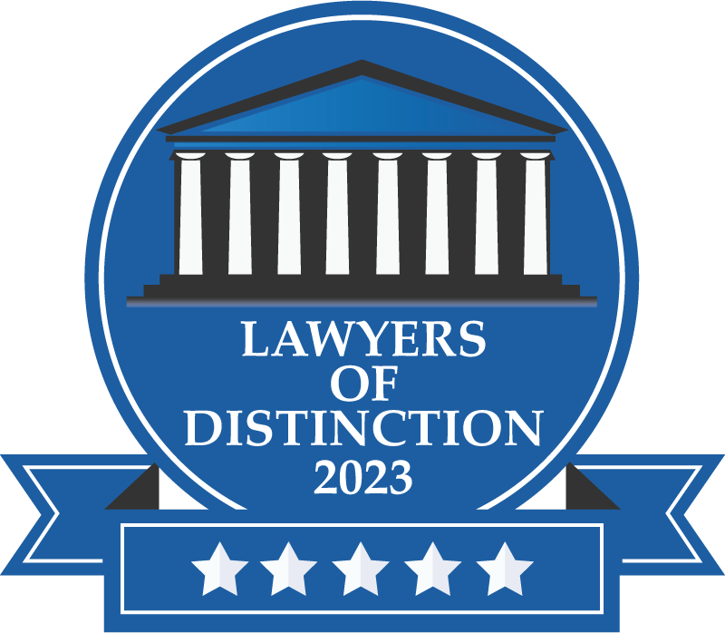 Blue Lawyers of Distinction 2023 award badge with a courthouse graphic and five stars.