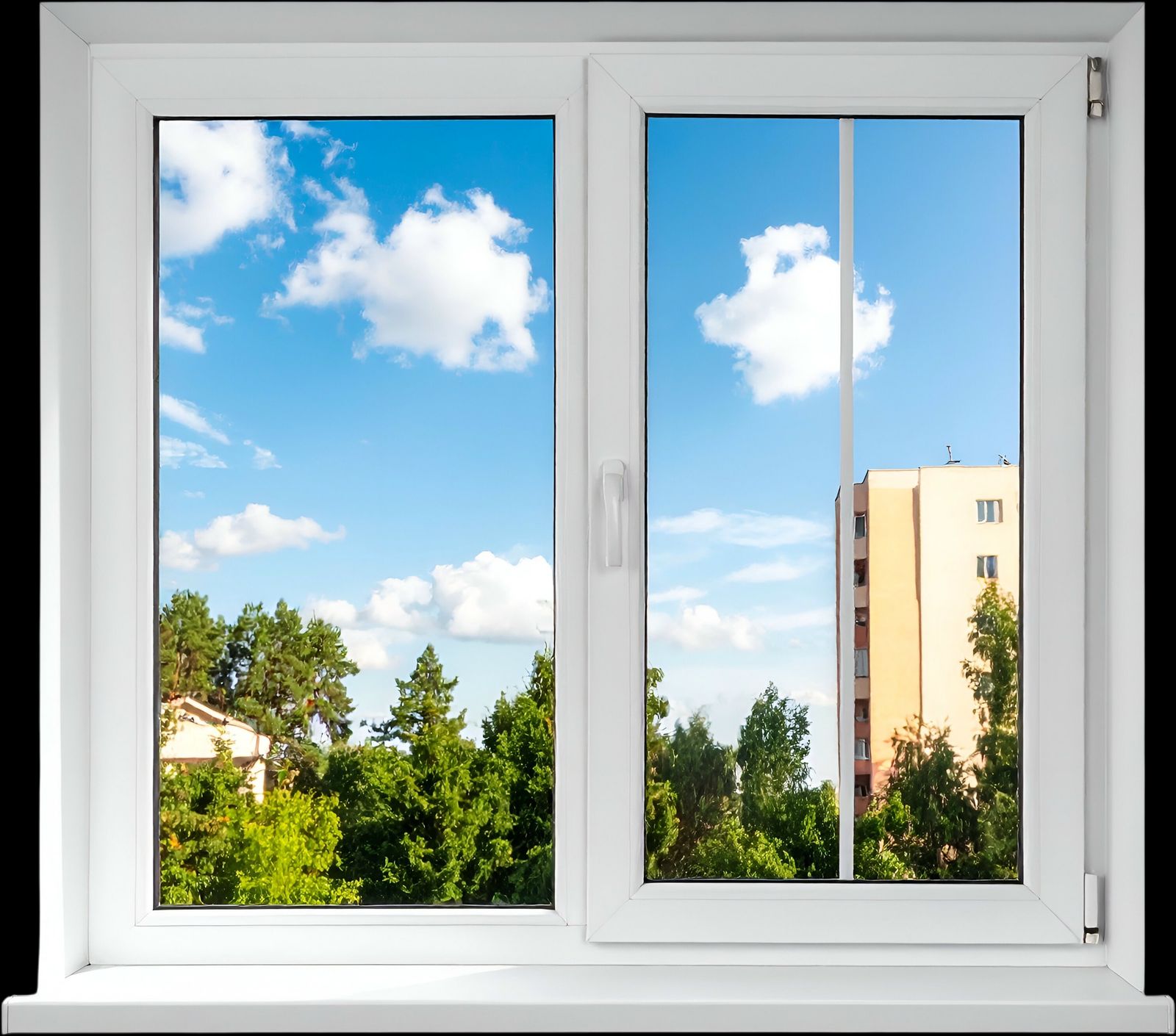 Open white window with blue sky, clouds, trees, and a building visible outside.