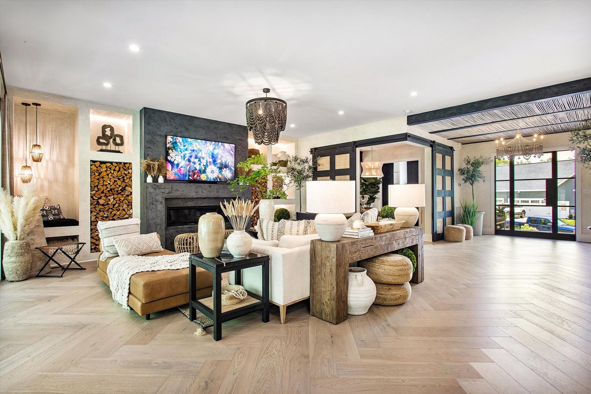 A living room filled with furniture and a television.