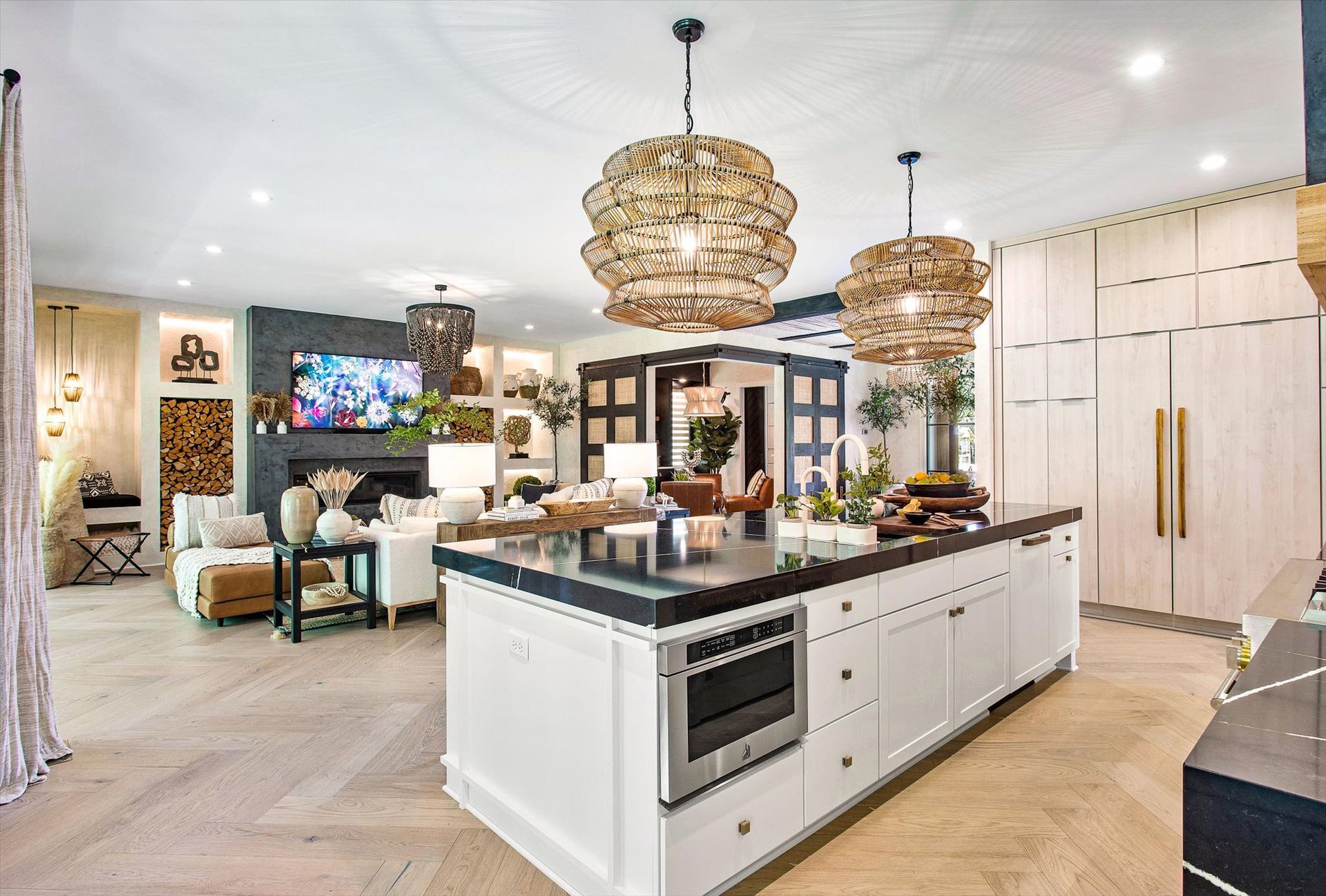 There is a large island in the middle of the kitchen.