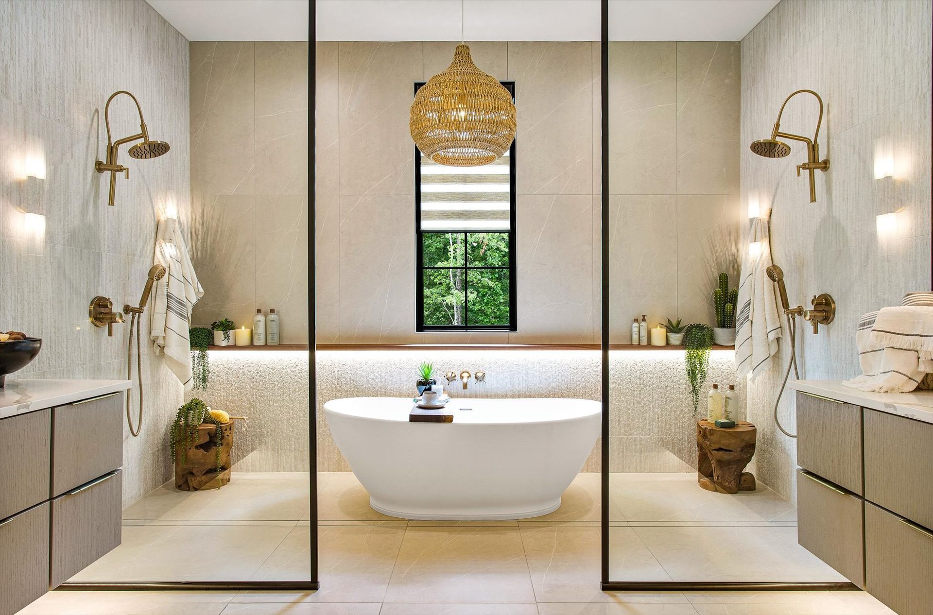 There is a bathtub in the middle of the bathroom.