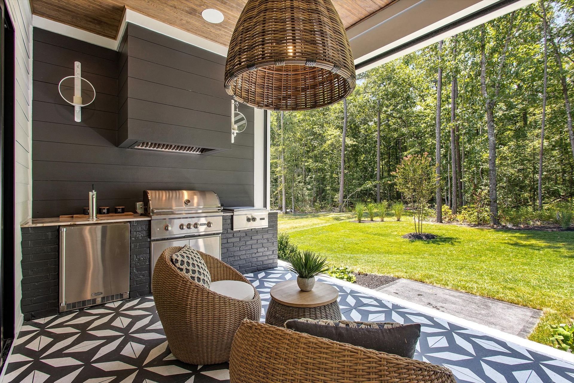 A patio with wicker chairs , a table and a grill.