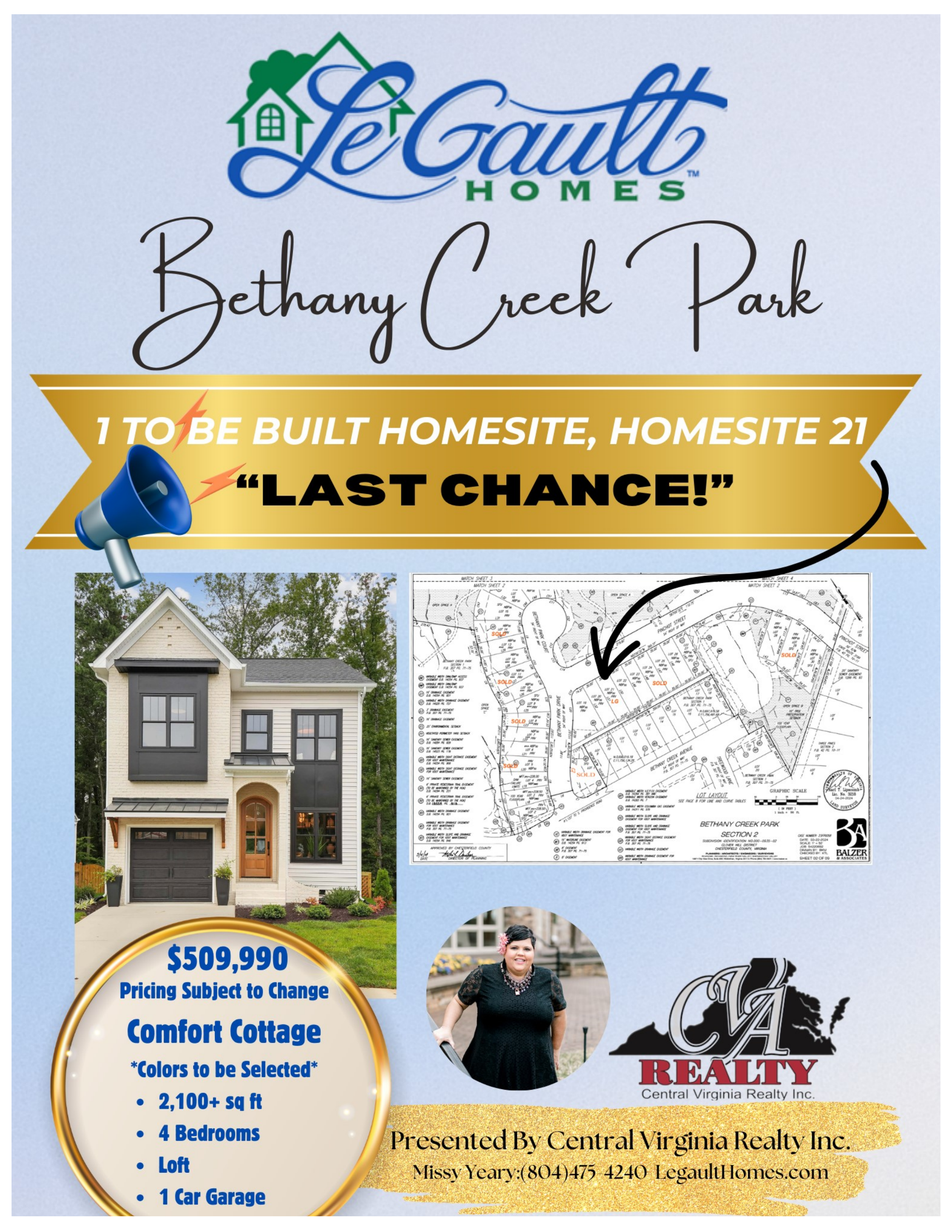 Bethany Creek Park real estate flyer with home photo, map, and “Last Chance!” banner