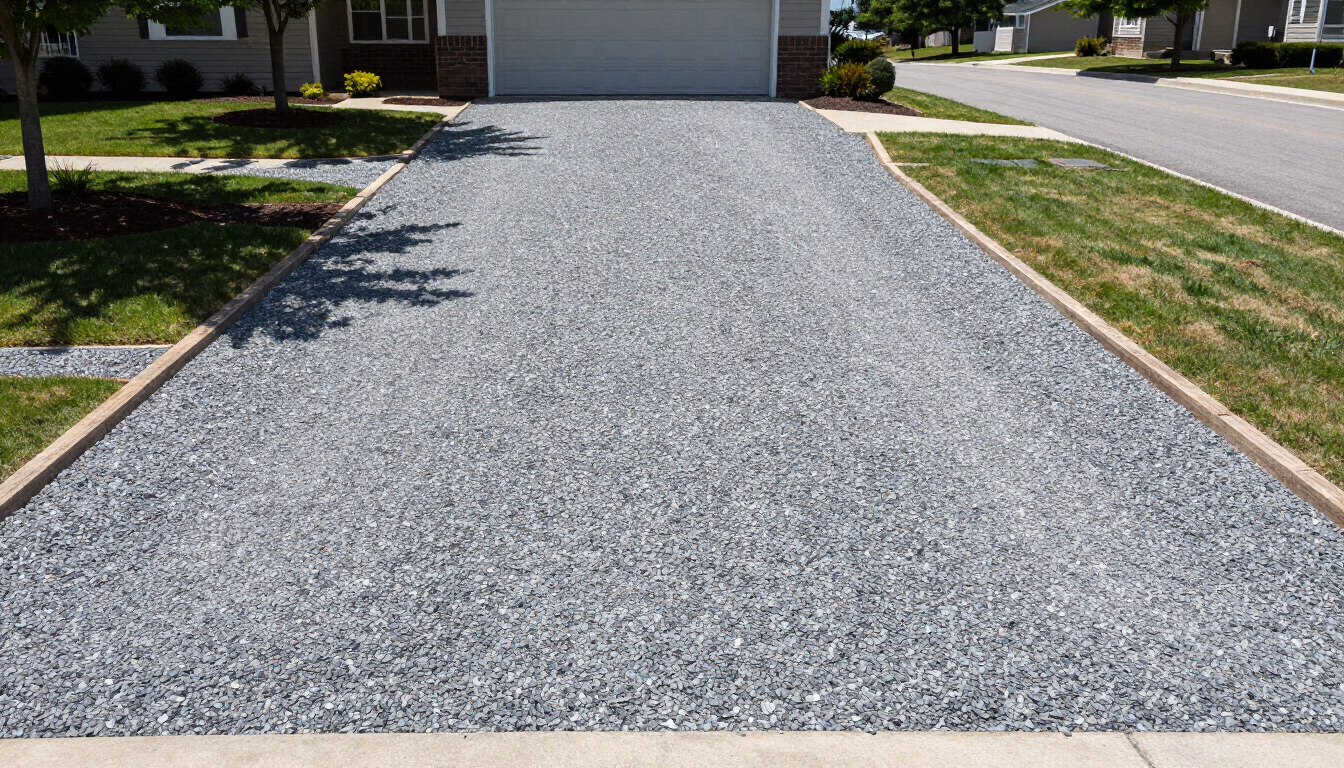 Fresh gravel driveway leading to a garage, bordered by grass and concrete curbs