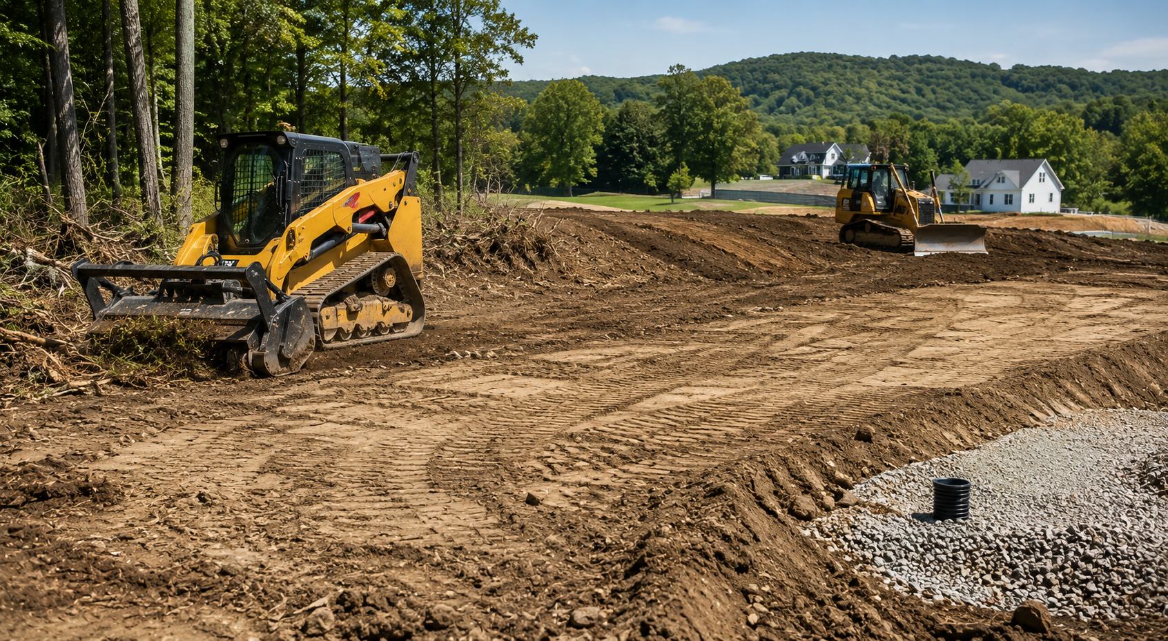 Construction site with two yellow skid steers leveling dirt near a gravel area and a small white house in the background