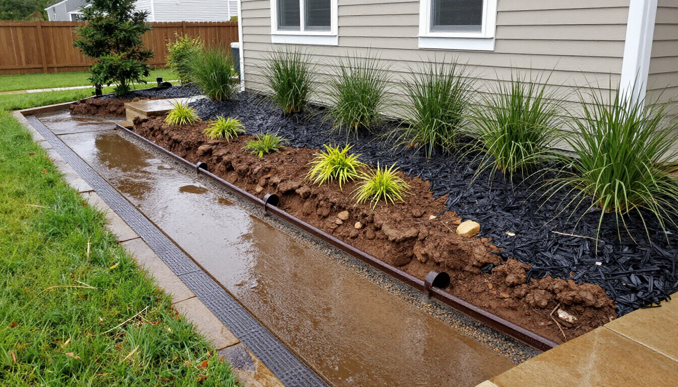 Rain-soaked backyard garden bed with mulch, shrubs, and standing water beside a house and concrete walkway