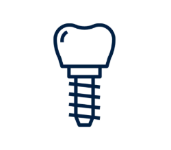 Blue line icon of a dental implant with a crown and screw base