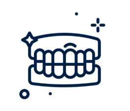 Blue line icon of a smiling set of teeth with sparkles around it