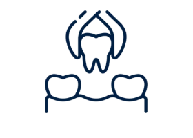 Stylized navy outline of two teeth on a gum line with an upper tooth above them