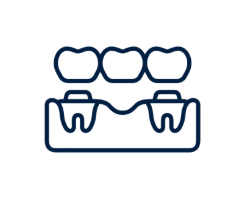 Tooth and denture icon in dark blue outline on a white background