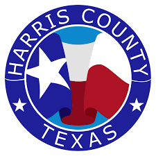 A logo for Harris county Texas with a Texas flag