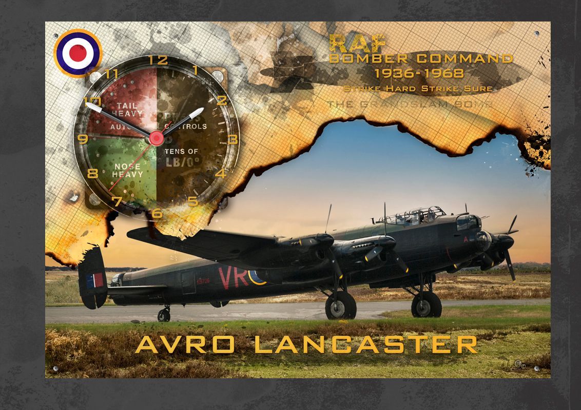 Lancaster with a burnt map design and cockpit dial clock.