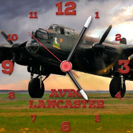 Just landed. Bight red clock design of a close up image of the Lancaster Bomber.