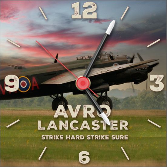 Side view of the Avro Lancaster on the airfield Square format clock design.