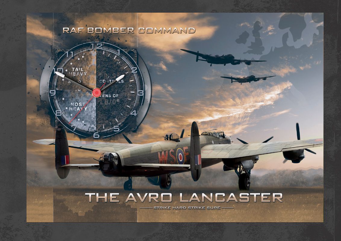 Angled rear view of a Lancaster Bomber just preparing to take off in the sunset. Retro style version.
