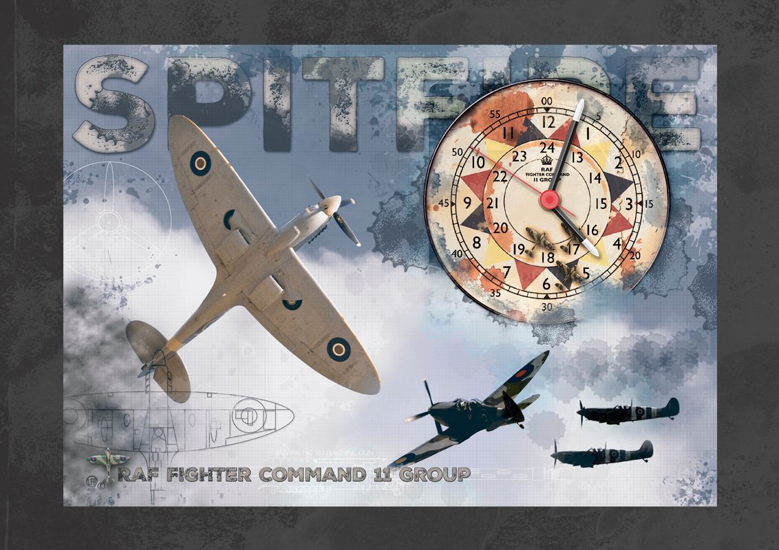 Spitfire flying overhead with a blue /gold retro style colouring and aged Ops / sector clock.