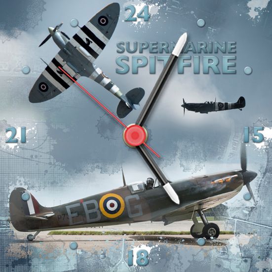 Spitfire starting up and getting ready to take off, with a spitfire flying overhead. (Square clock design).