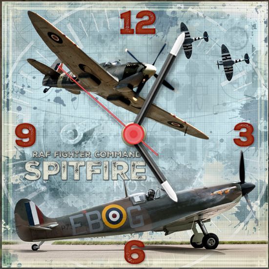 Two Spitfires, one on the ground the other flying over, with bright colourful numbers.