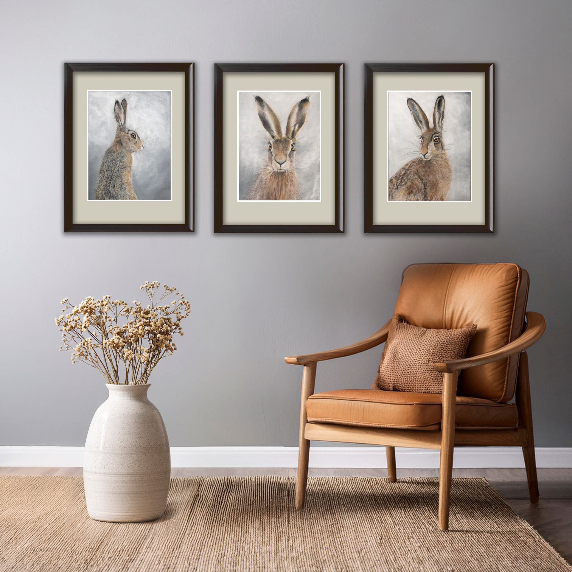 Three hare pastel paintings