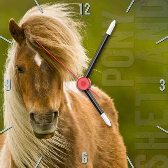 Windy Shetland Pony clock.  A small desk clock, also available without the stand of a shetland pony on a windy day.