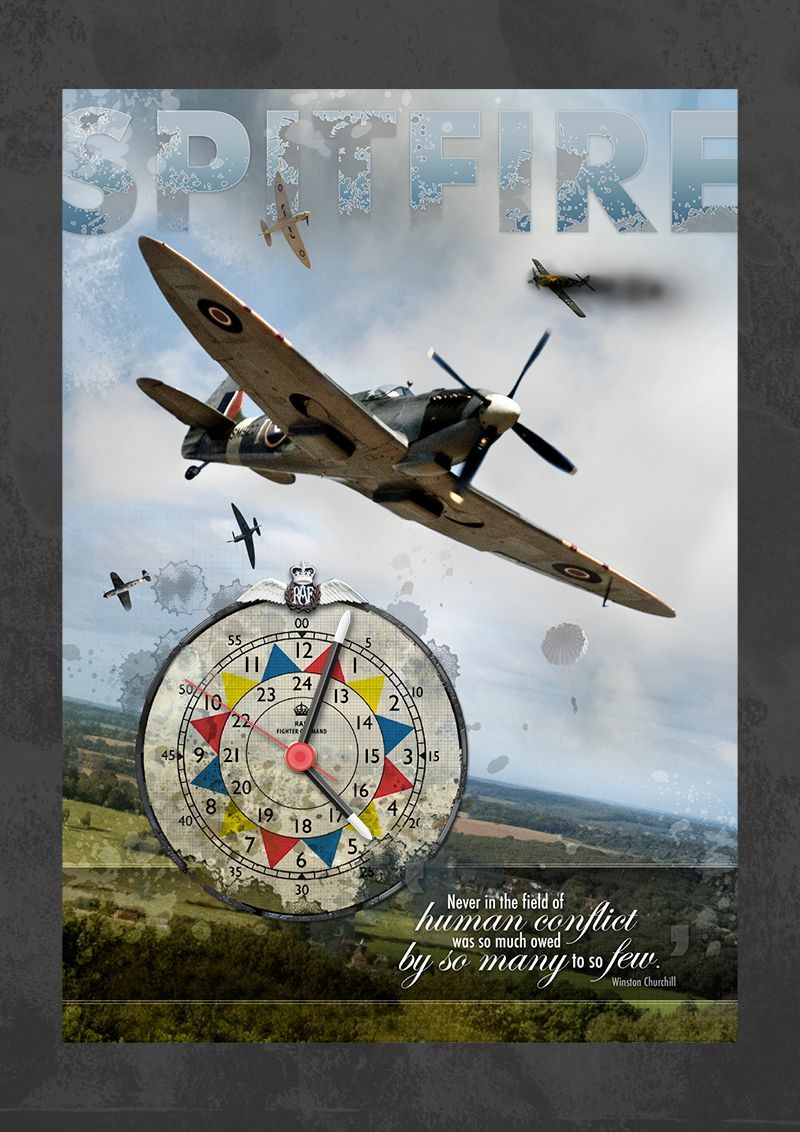 Churchill Spitfire. Ops / Sector clock design with a spitfire flying over. Winston Churchill quote. Portrait format.