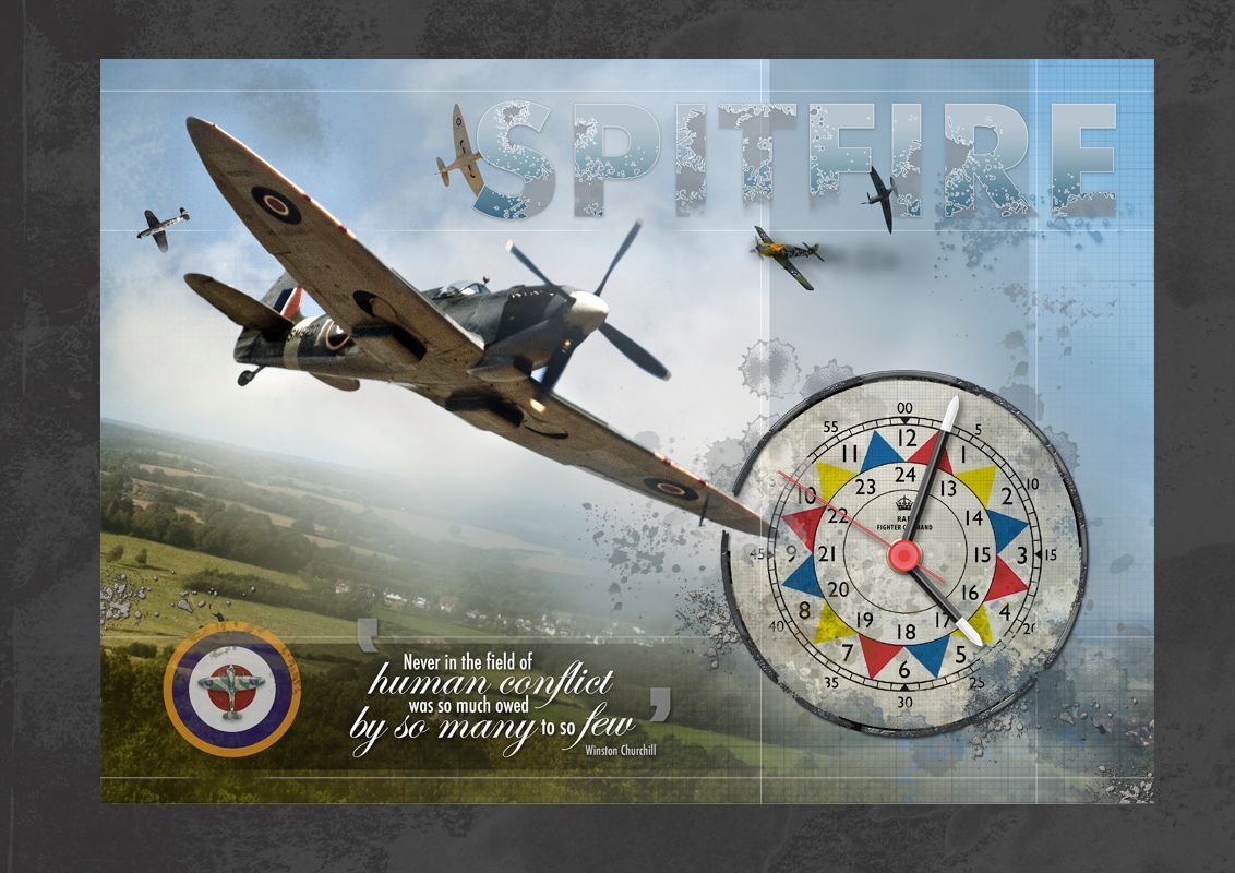 Churchill Spitfire. Ops / Sector clock design with a spitfire flying over. Winston Churchill quote. Landscape version.