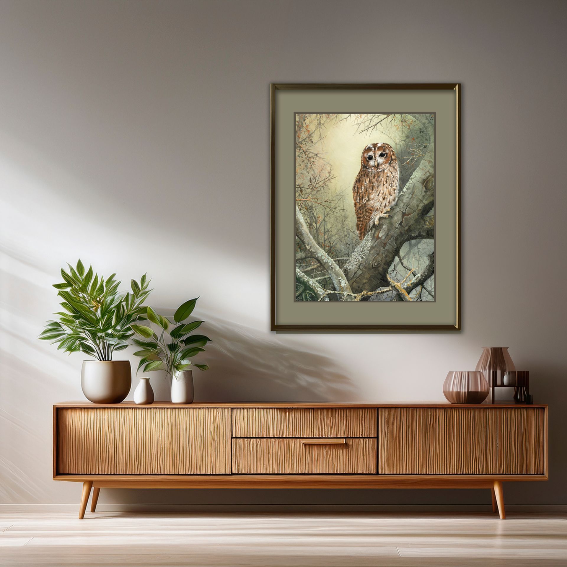 Tawny owl painting  framed and on the wall