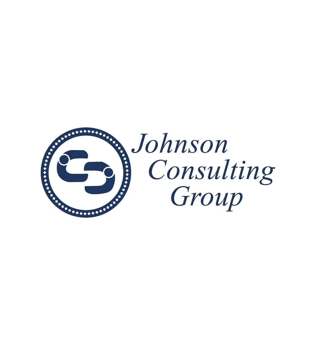Johnson Consulting Group logo in navy blue with circular chain icon and serif text on white background