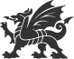 A black, solid silhouette of a Welsh dragon standing in profile on a white background.