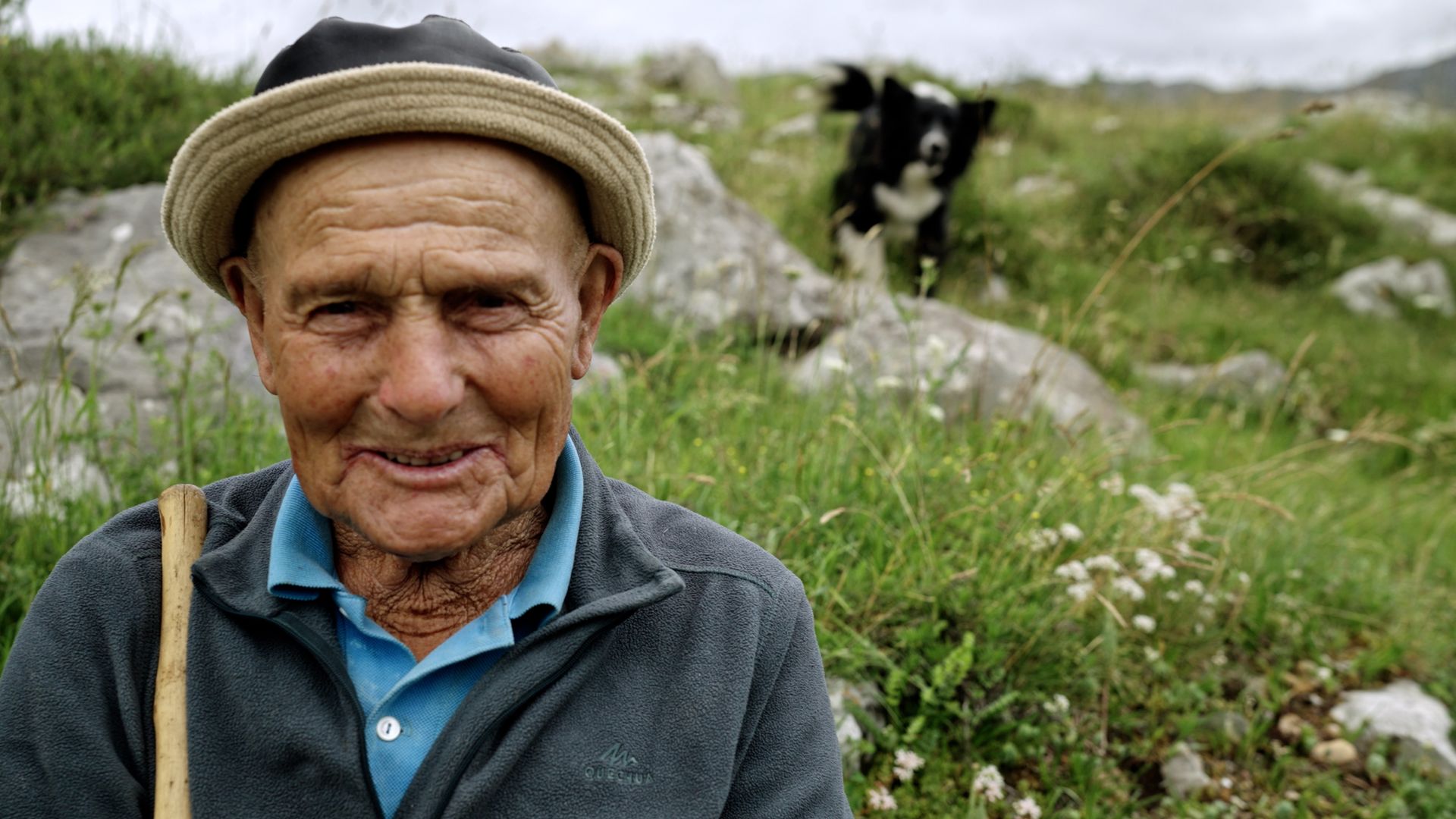 Black Lab Films | An elderly man wearing a hat and a blue polo shirt under a grey sweater sits outdoors with a border collie in the field.