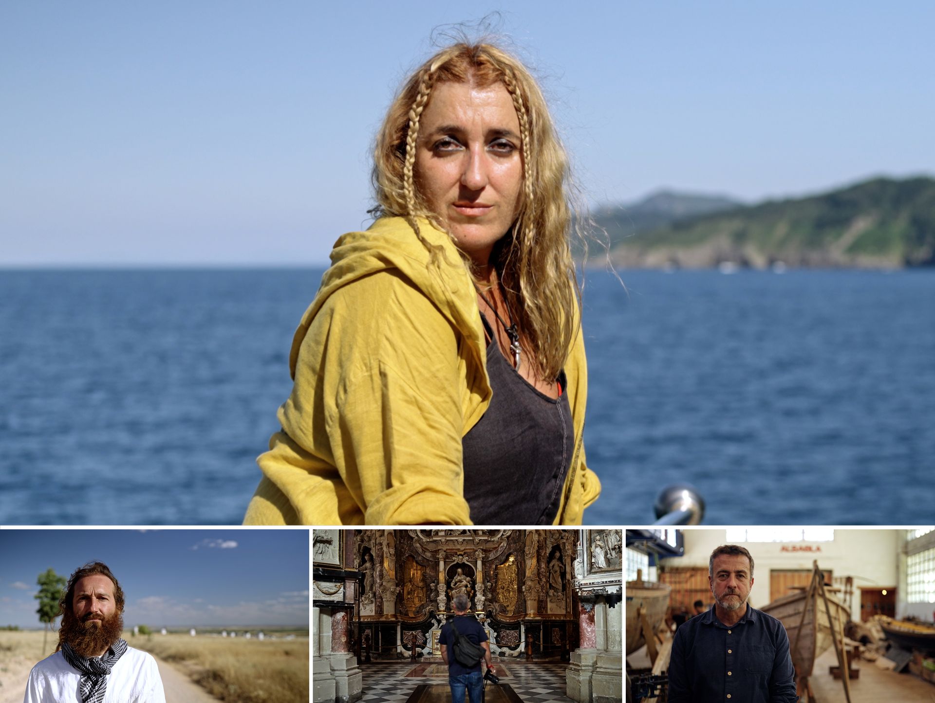 Black Lab Films | A collage featuring a woman by the sea, a person in a field, an interior church scene, and a person in a workshop.
