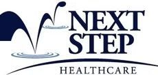 Logo for Next Step Healthcare, dark blue stylized water splash with the text